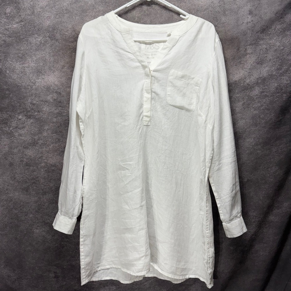 Marks & Spencer White 100% Linen A-Line Tunic Top Size 14 1/2 Button Minimalist